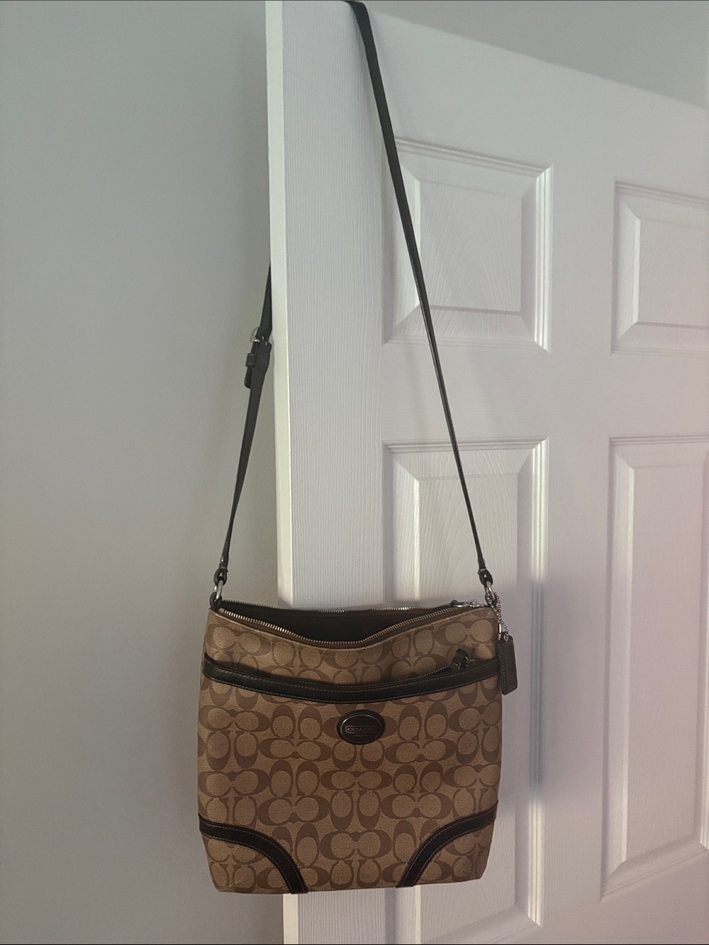 Coach Tan and Dark Brown Signature Crossbody Bag